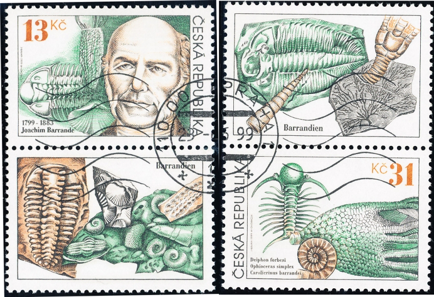 Joachim Barrande a čeští trilobiti - razítkované známky s kupony - č. 222-223